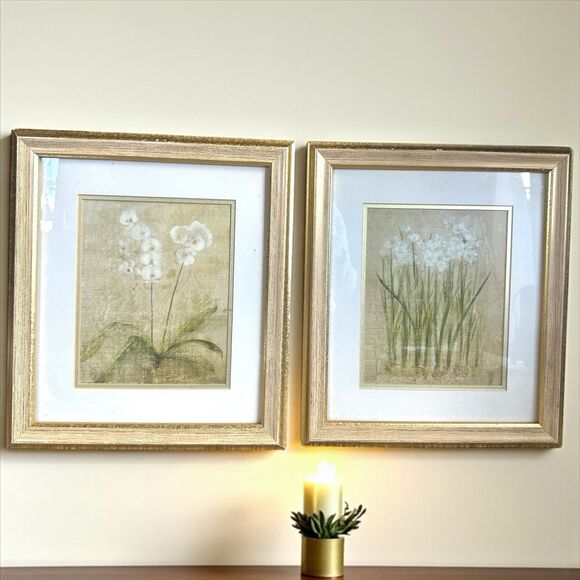 Framed Botanical Wall Art Prints Set of 2 Gold Wood Frame Neutral Floral Vintage - Picture 1 of 15